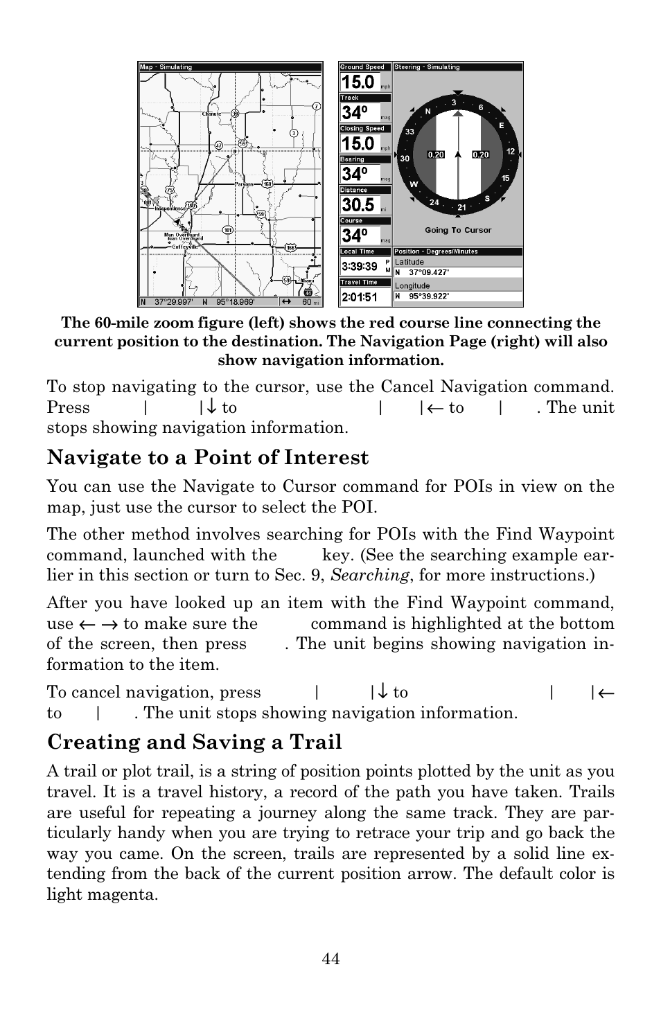 Navigate to a point of interest, Creating and saving a trail | Eagle Electronics 642c iGPS User Manual | Page 50 / 132