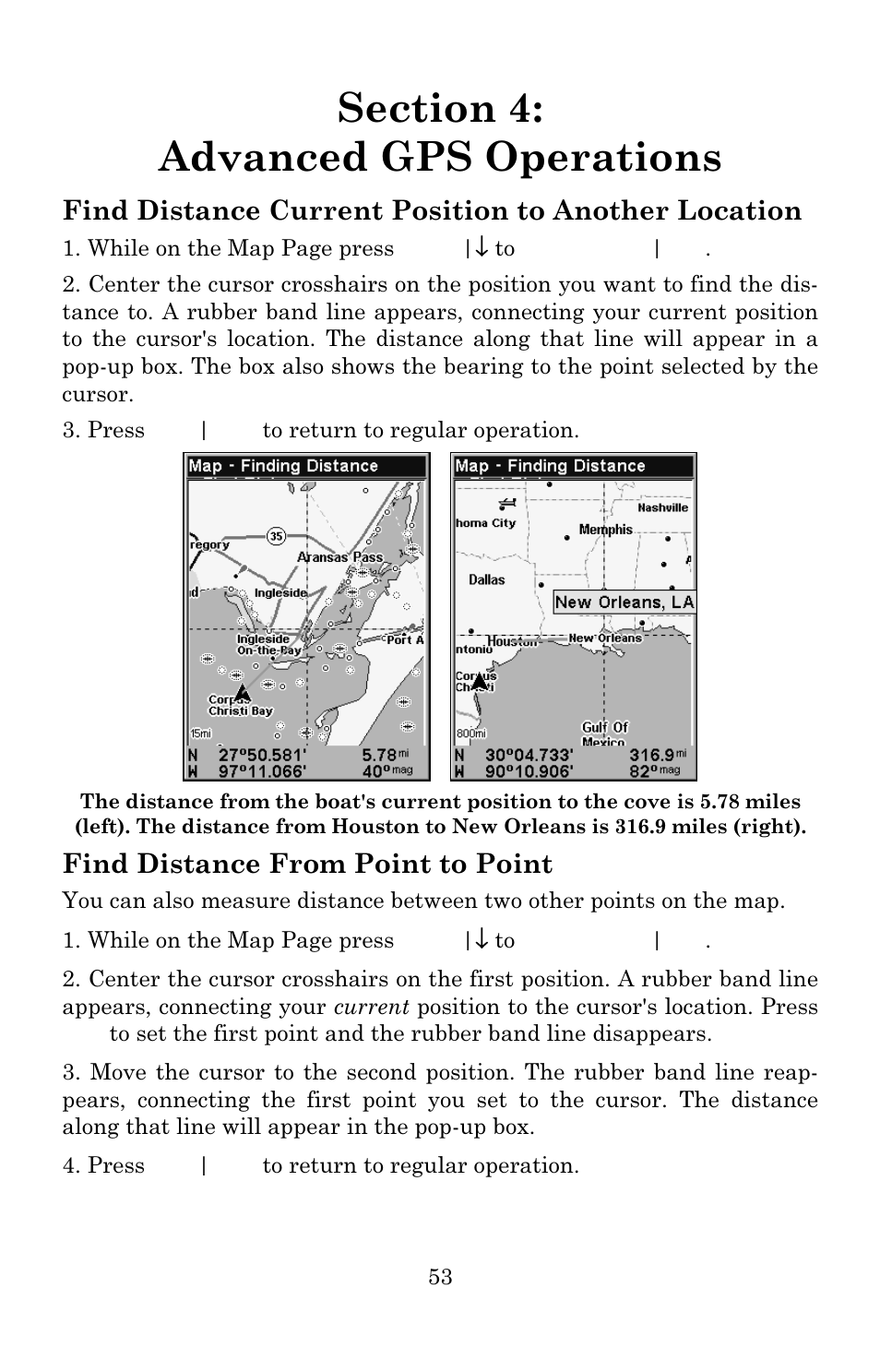 Find distance current position to another location, Find distance from point to point | Eagle Electronics 642c iGPS User Manual | Page 59 / 132