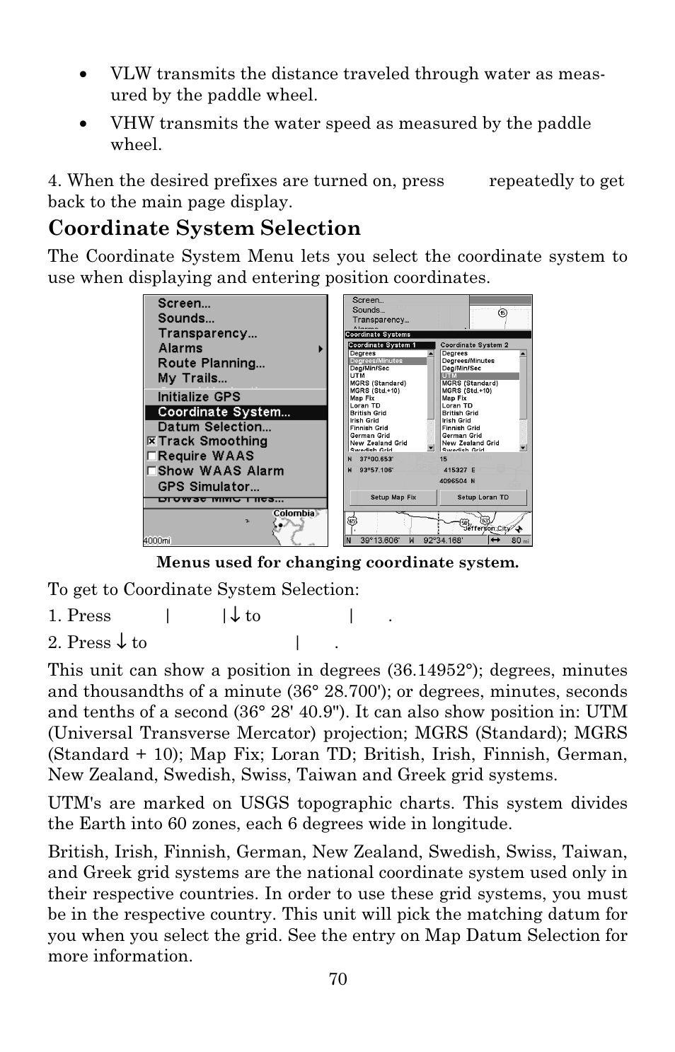 Coordinate system selection | Eagle Electronics 642c iGPS User Manual | Page 76 / 132