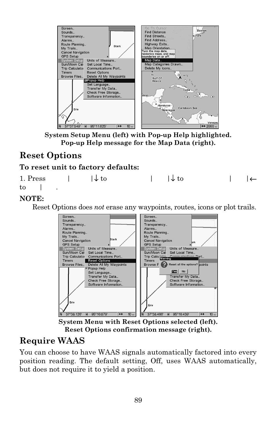 Reset options, Require waas | Eagle Electronics 642c iGPS User Manual | Page 95 / 132