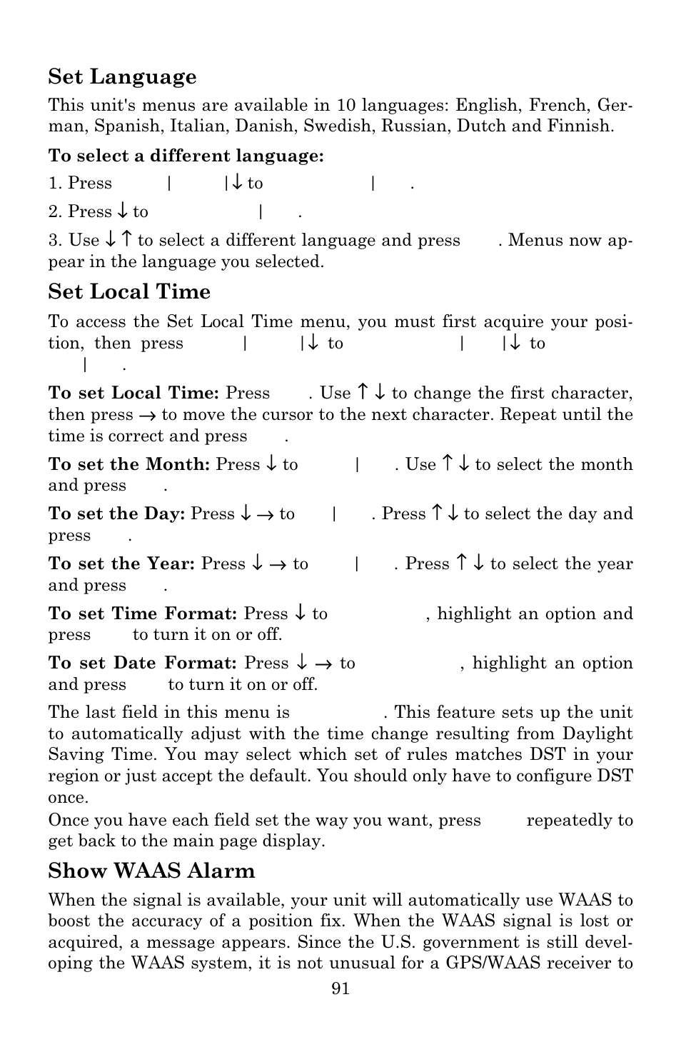 Set language, Set local time, Show waas alarm | Eagle Electronics 642c iGPS User Manual | Page 97 / 132