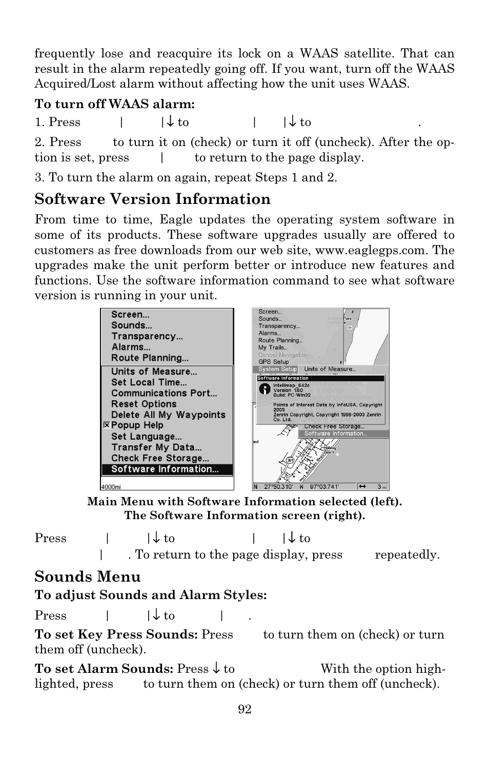 Software version information, Sounds menu | Eagle Electronics 642c iGPS User Manual | Page 98 / 132