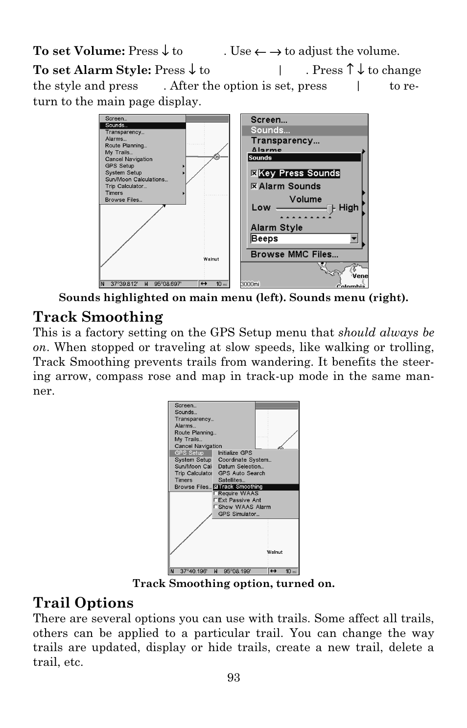 Track smoothing, Trail options | Eagle Electronics 642c iGPS User Manual | Page 99 / 132