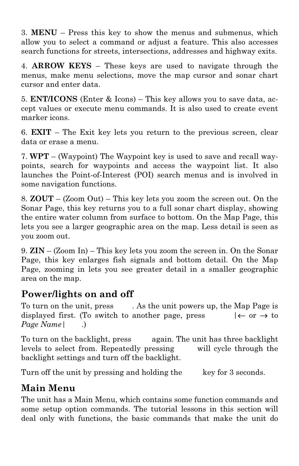 Power/lights on and off, Main menu | Eagle Electronics FishElite User Manual | Page 102 / 204