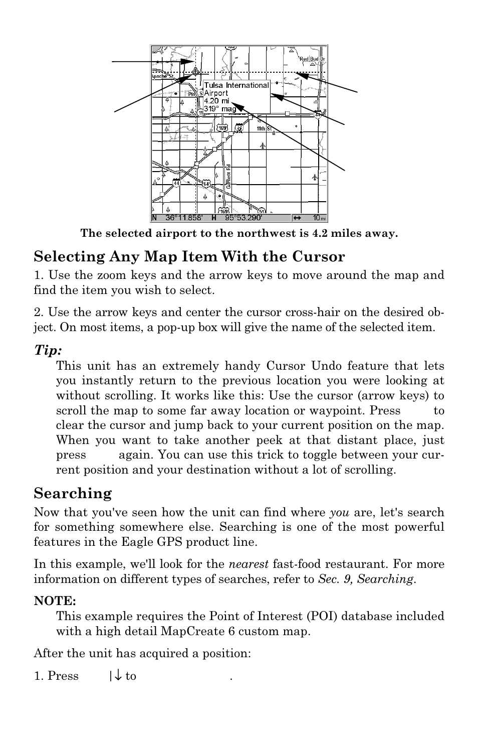 Selecting any map item with the cursor, Searching | Eagle Electronics FishElite User Manual | Page 115 / 204