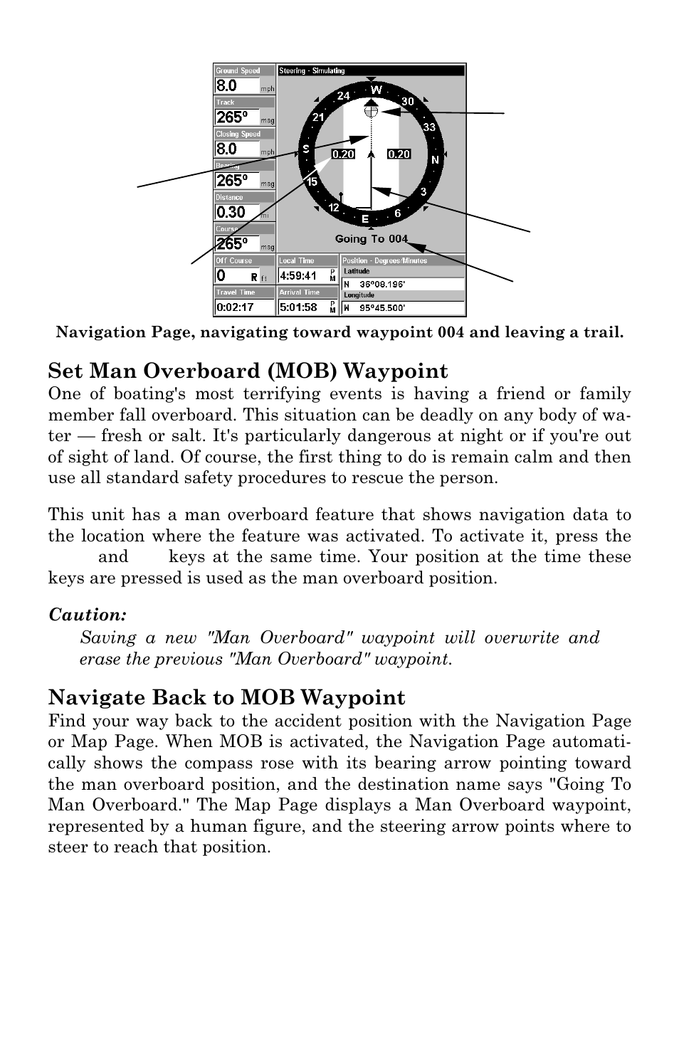 Set man overboard (mob) waypoint, Navigate back to mob waypoint | Eagle Electronics FishElite User Manual | Page 120 / 204