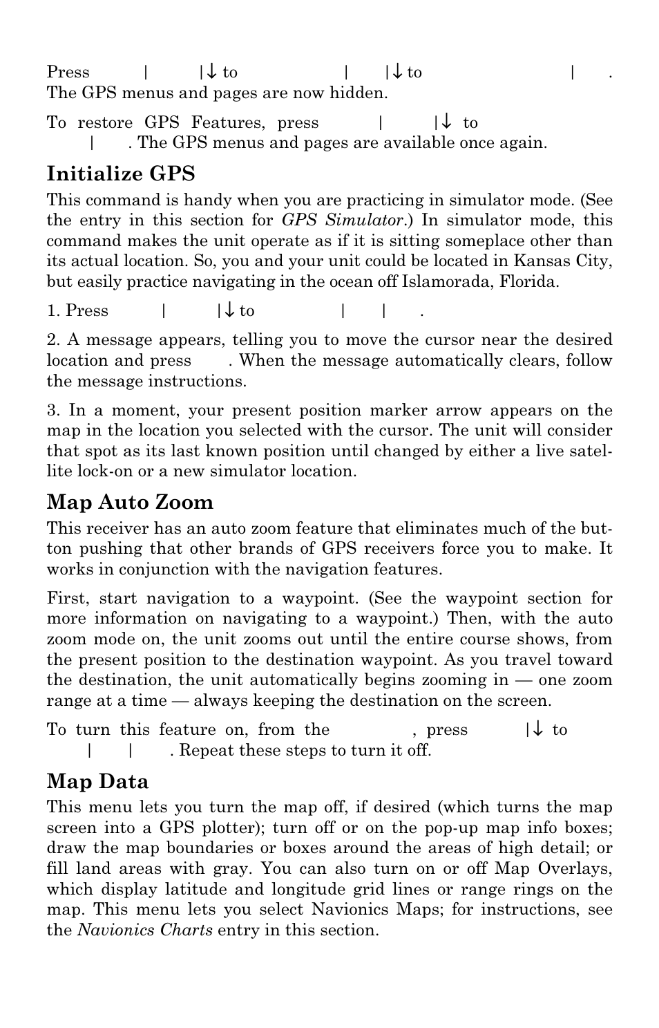 Initialize gps, Map auto zoom, Map data | Eagle Electronics FishElite User Manual | Page 155 / 204