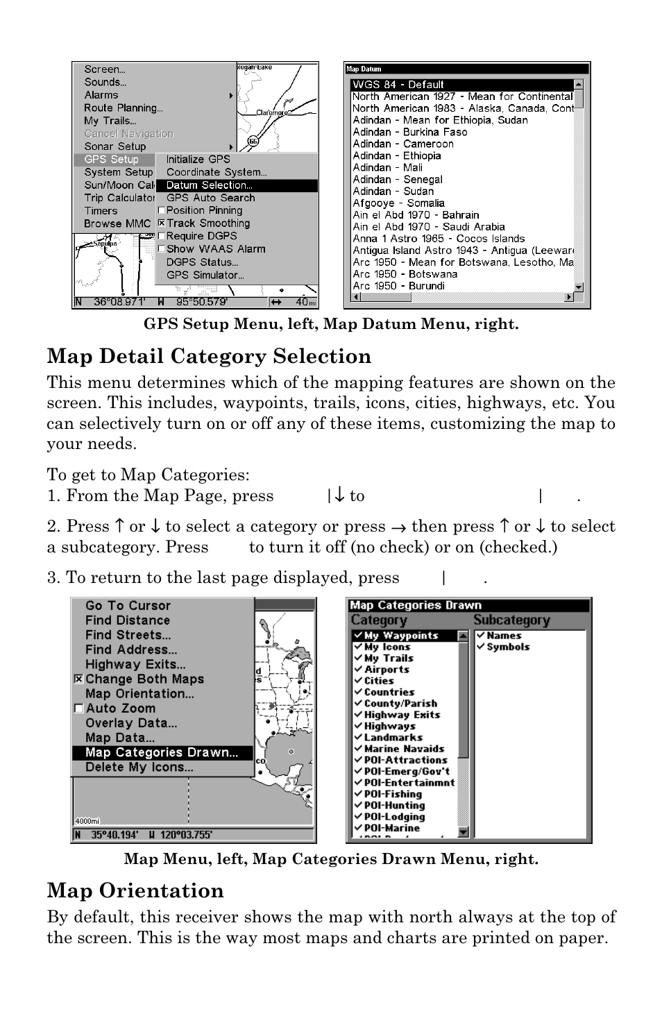 Map detail category selection, Map orientation | Eagle Electronics FishElite User Manual | Page 158 / 204