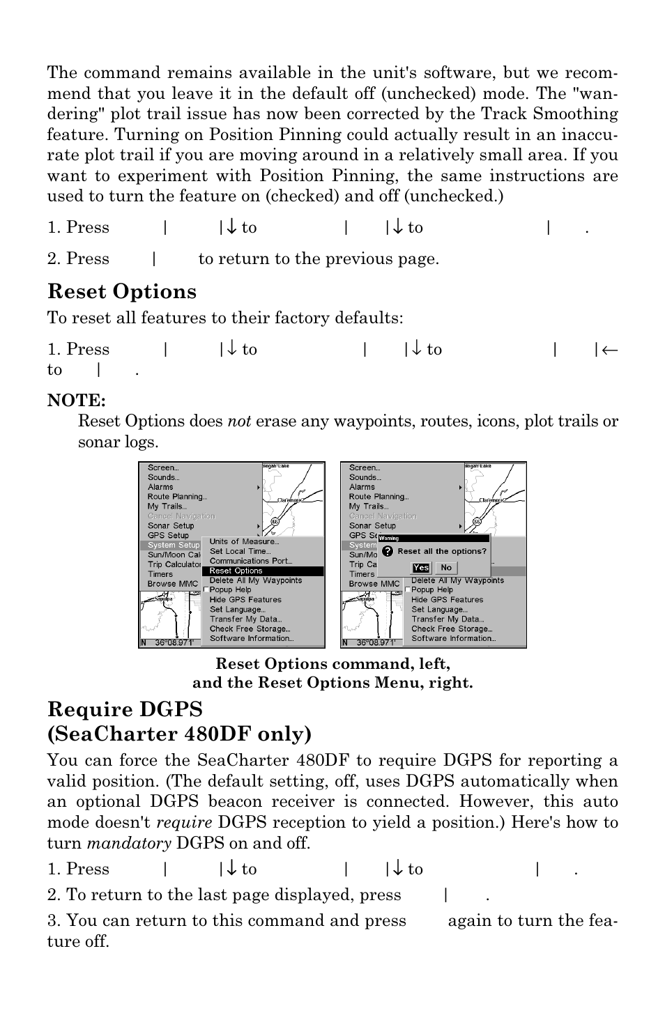 Reset options, Require dgps (seacharter 480df only) | Eagle Electronics FishElite User Manual | Page 166 / 204