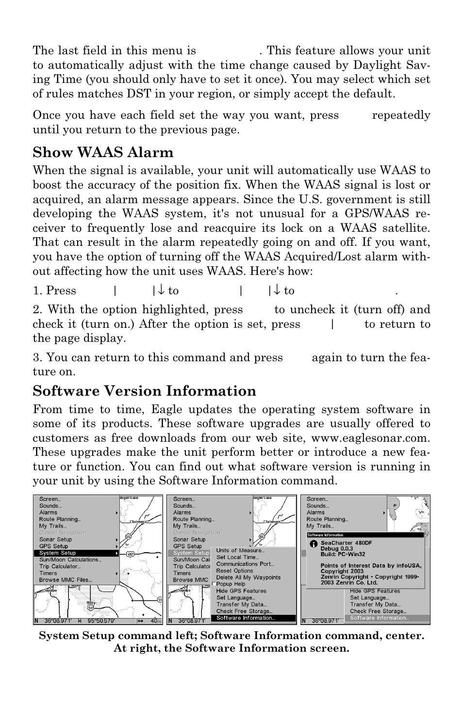 Show waas alarm, Software version information | Eagle Electronics FishElite User Manual | Page 169 / 204