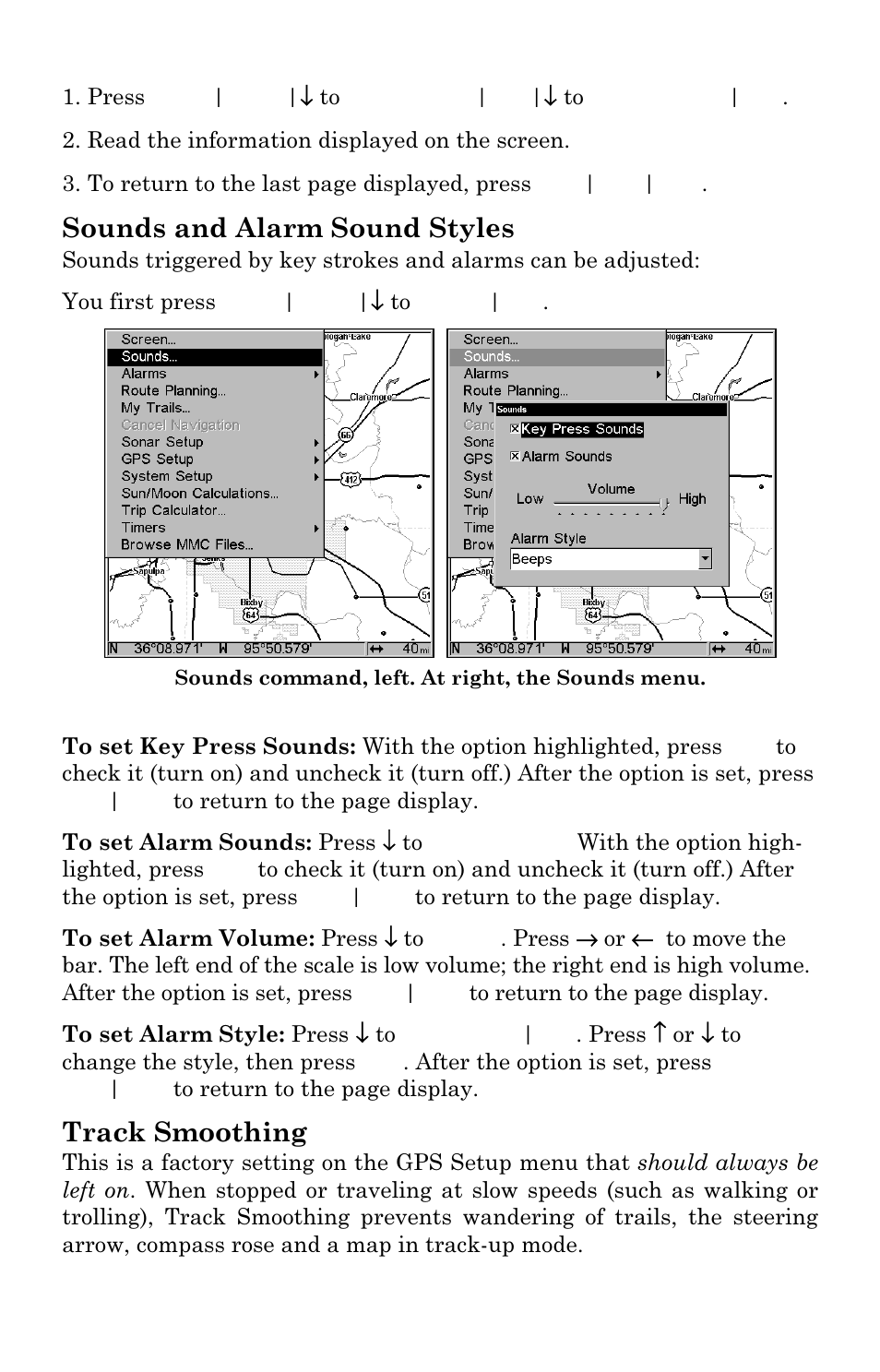 Sounds and alarm sound styles, Track smoothing | Eagle Electronics FishElite User Manual | Page 170 / 204