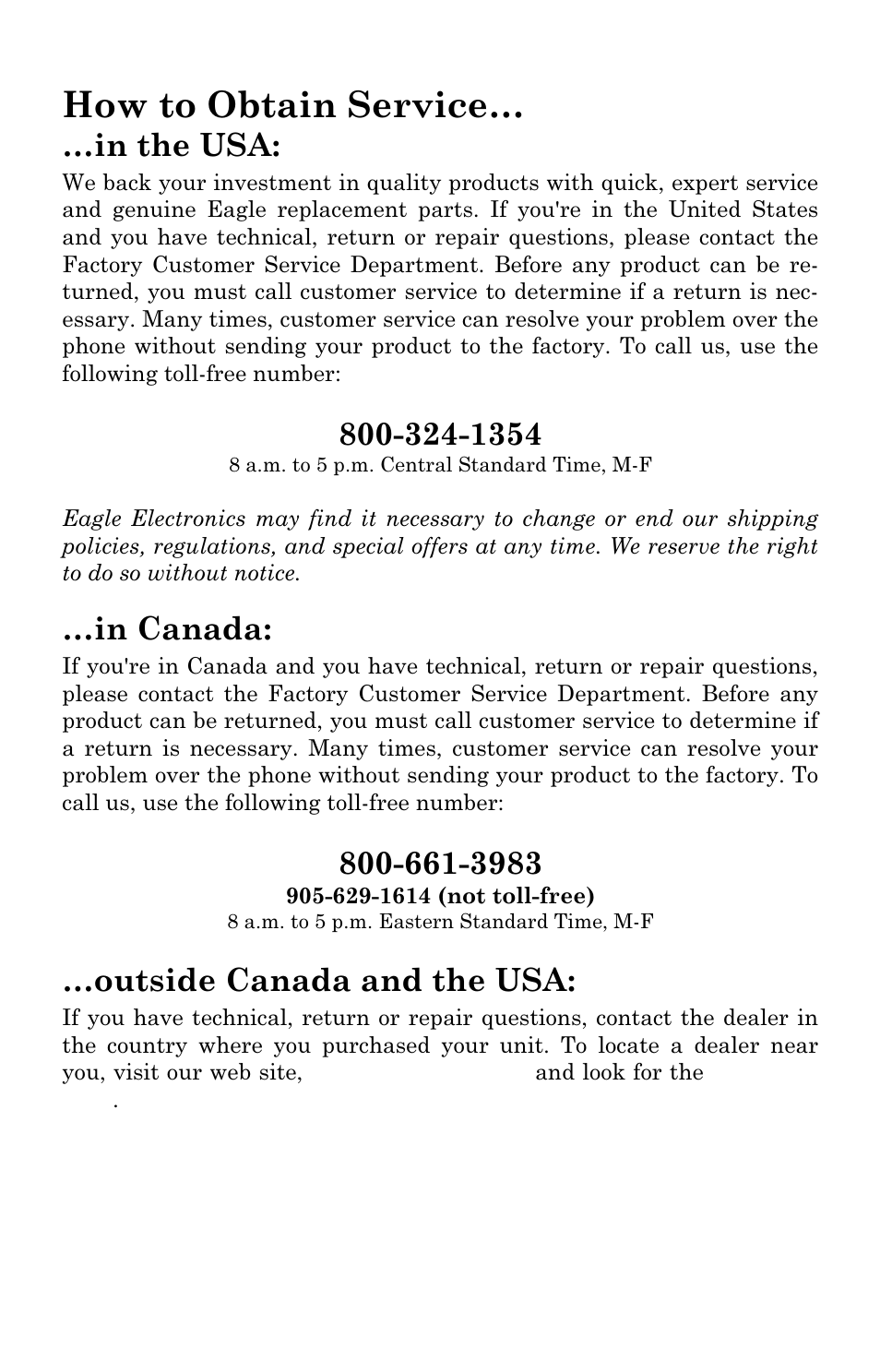 How to obtain service, Outside canada and the usa | Eagle Electronics FishElite User Manual | Page 202 / 204