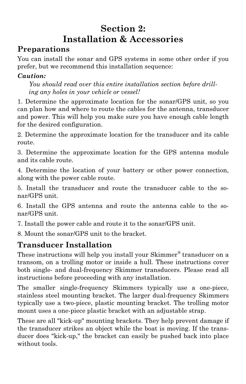 Preparations, Transducer installation | Eagle Electronics FishElite User Manual | Page 21 / 204