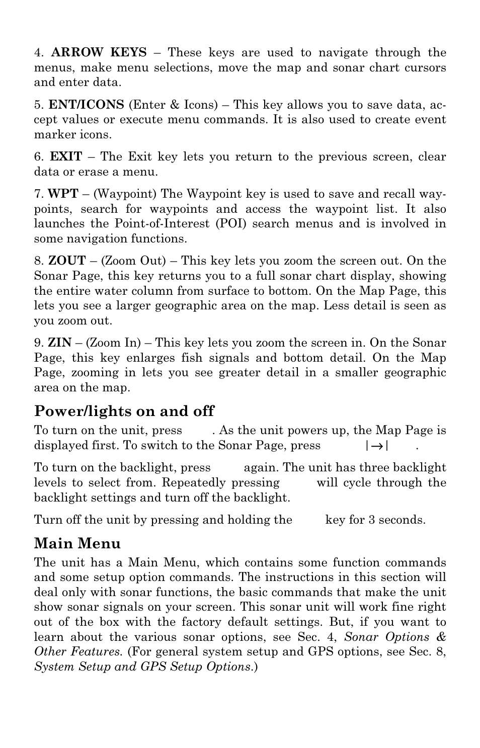 Power/lights on and off, Main menu | Eagle Electronics FishElite User Manual | Page 52 / 204