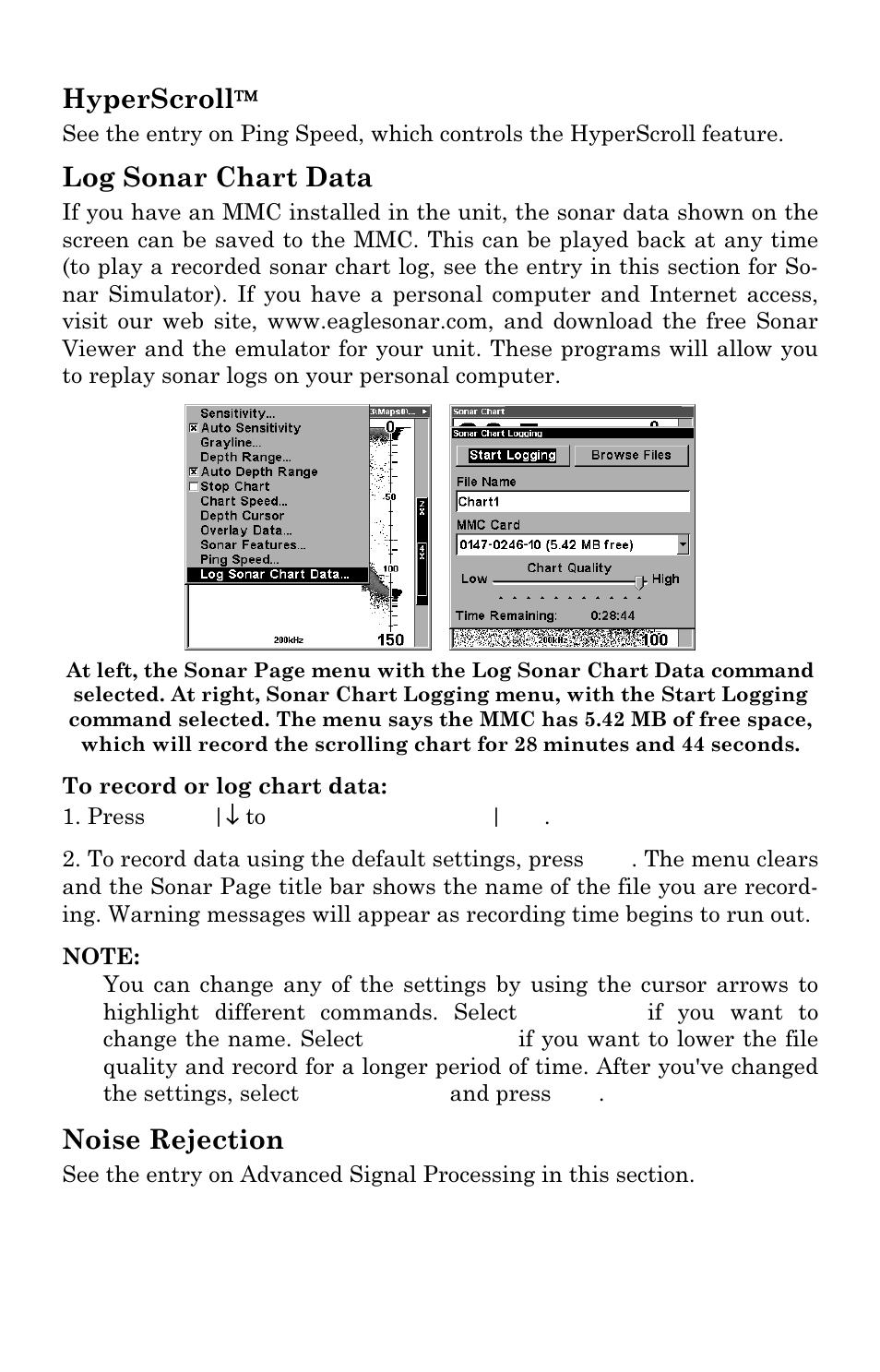 Hyperscroll, Log sonar chart data, Noise rejection | Eagle Electronics FishElite User Manual | Page 79 / 204