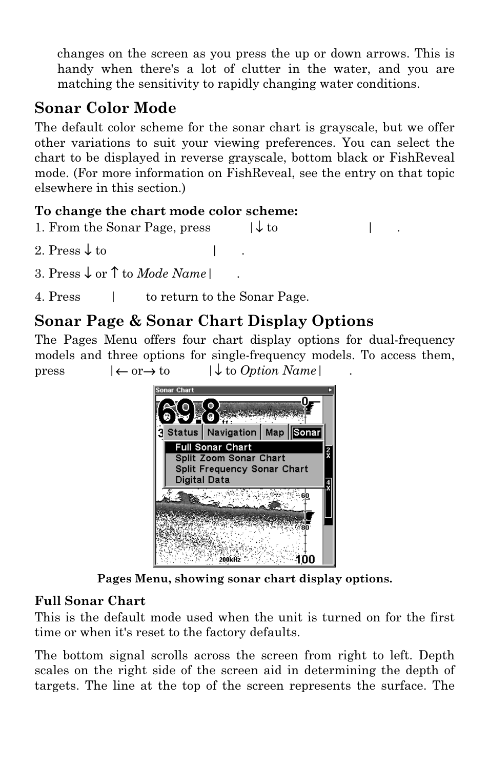 Sonar color mode, Sonar page & sonar chart display options | Eagle Electronics FishElite User Manual | Page 87 / 204