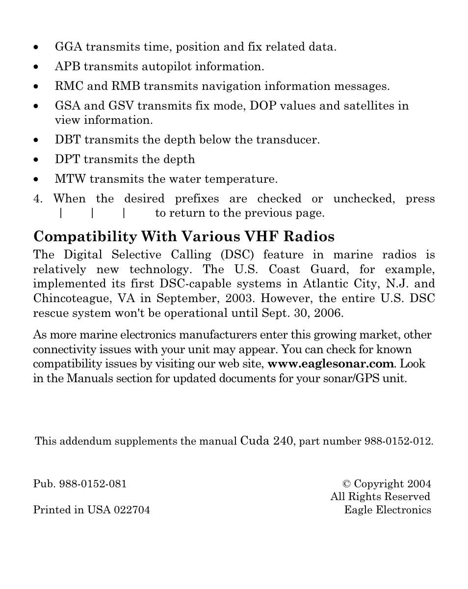 Compatibility with various vhf radios | Eagle Electronics CUDA 240I S User Manual | Page 8 / 8