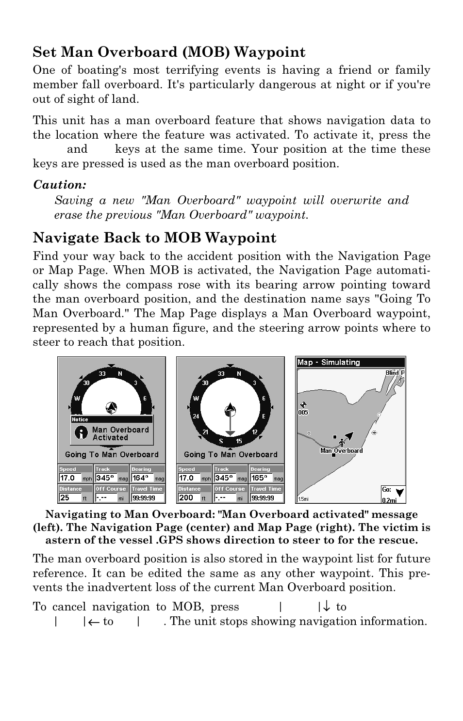 Set man overboard (mob) waypoint, Navigate back to mob waypoint | Eagle Electronics SeaCharter 502cDF User Manual | Page 114 / 196