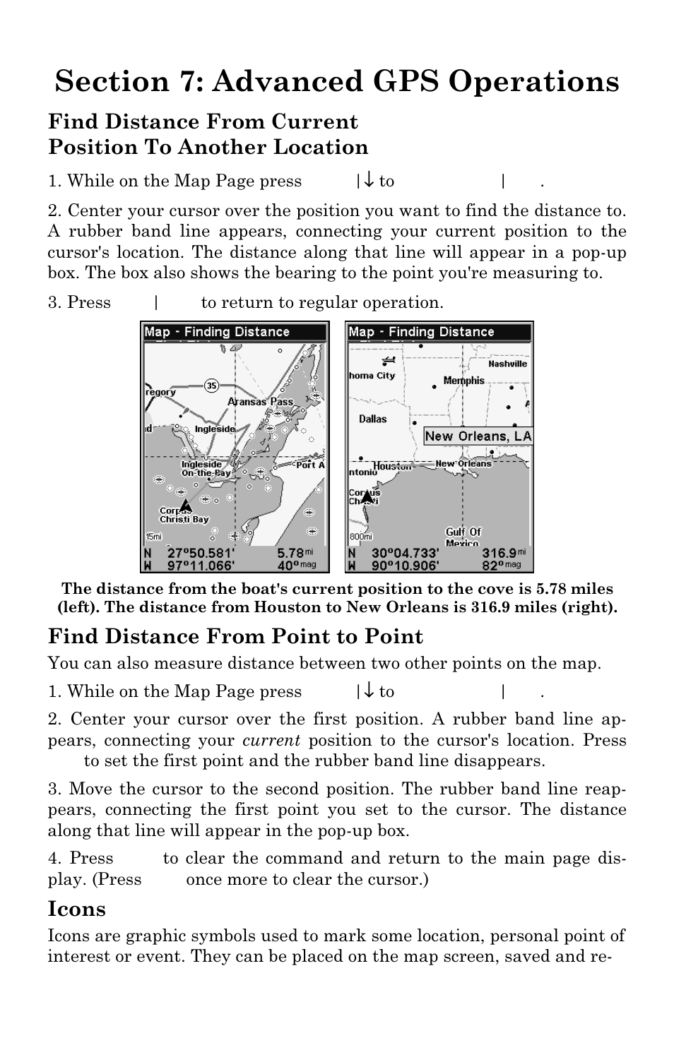 Find distance from point to point, Icons | Eagle Electronics SeaCharter 502cDF User Manual | Page 125 / 196