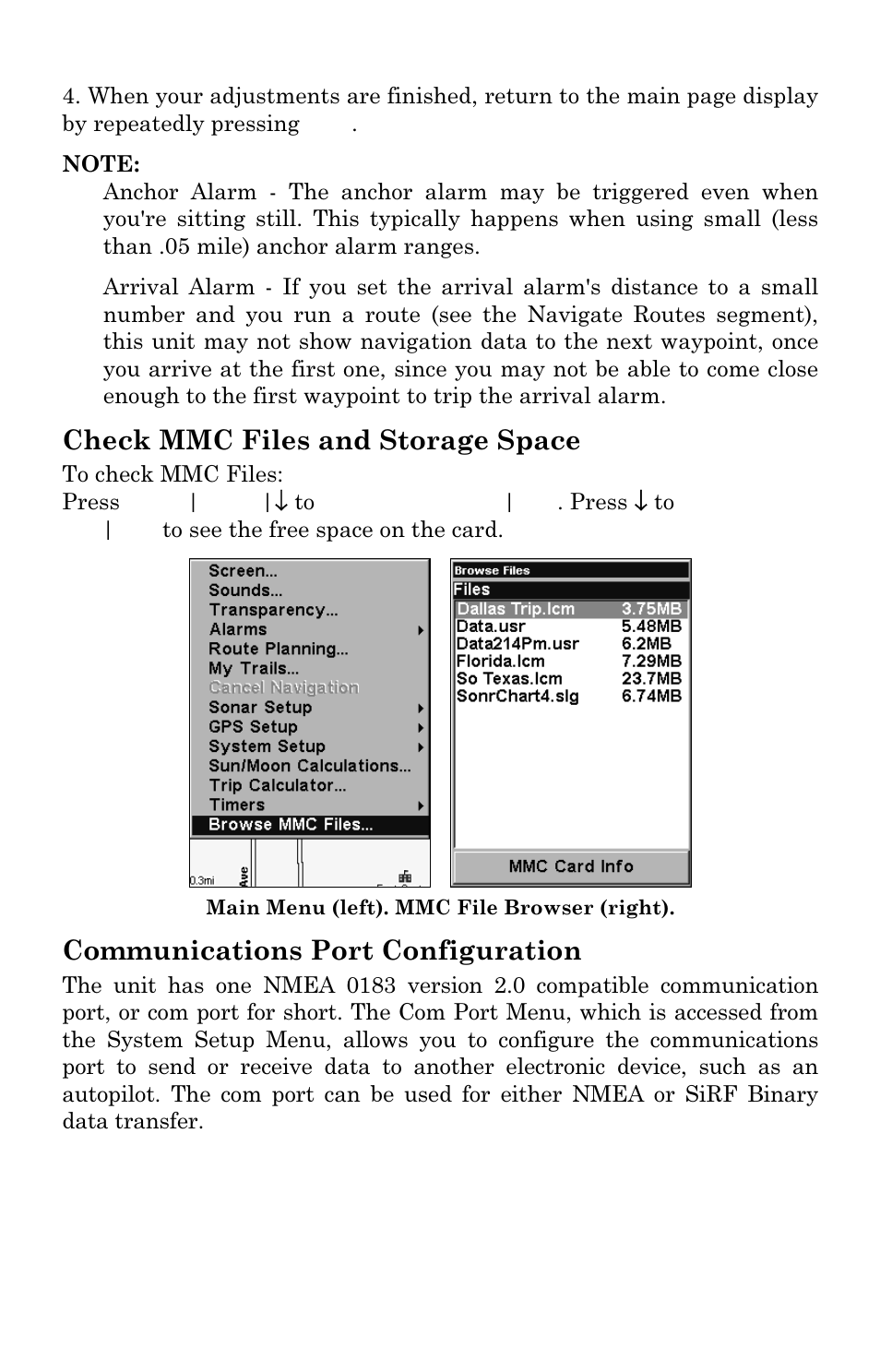 Check mmc files and storage space, Communications port configuration | Eagle Electronics SeaCharter 502cDF User Manual | Page 140 / 196