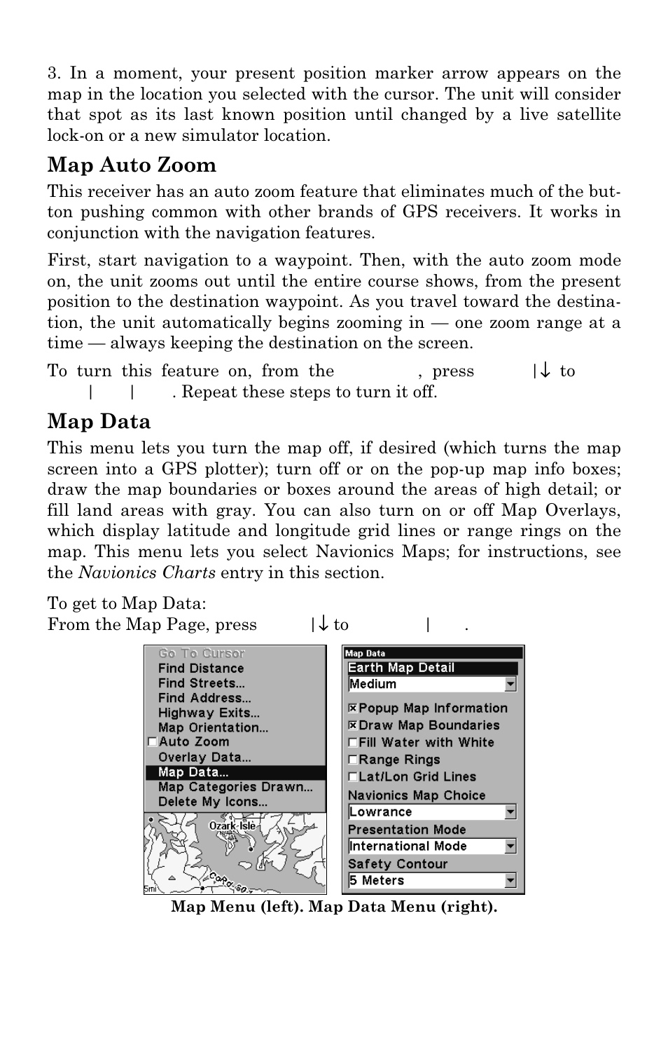 Map auto zoom, Map data | Eagle Electronics SeaCharter 502cDF User Manual | Page 148 / 196