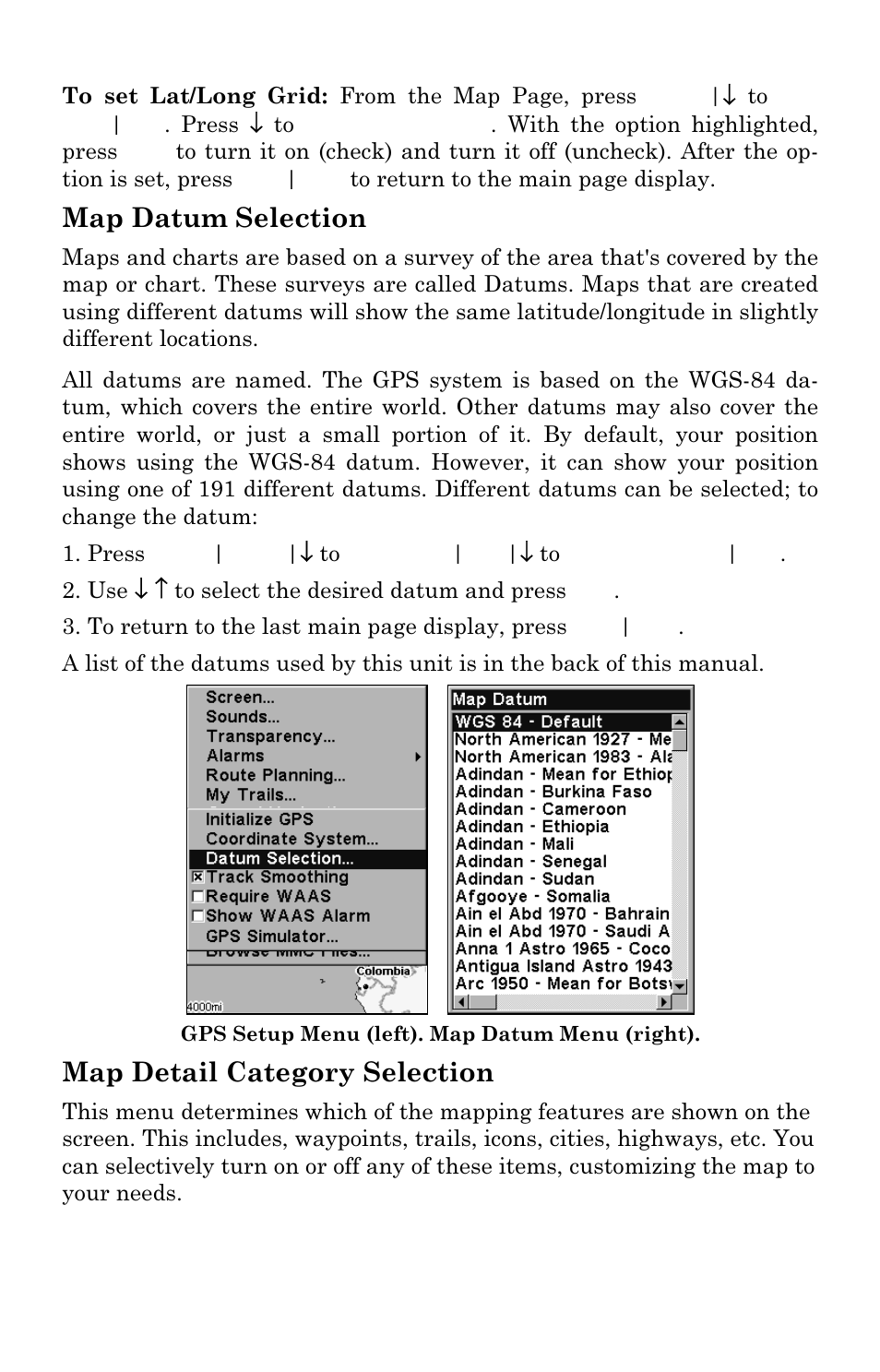 Map datum selection, Map detail category selection | Eagle Electronics SeaCharter 502cDF User Manual | Page 150 / 196