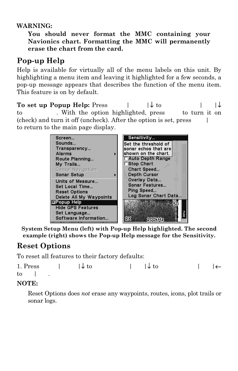 Pop-up help, Reset options | Eagle Electronics SeaCharter 502cDF User Manual | Page 159 / 196