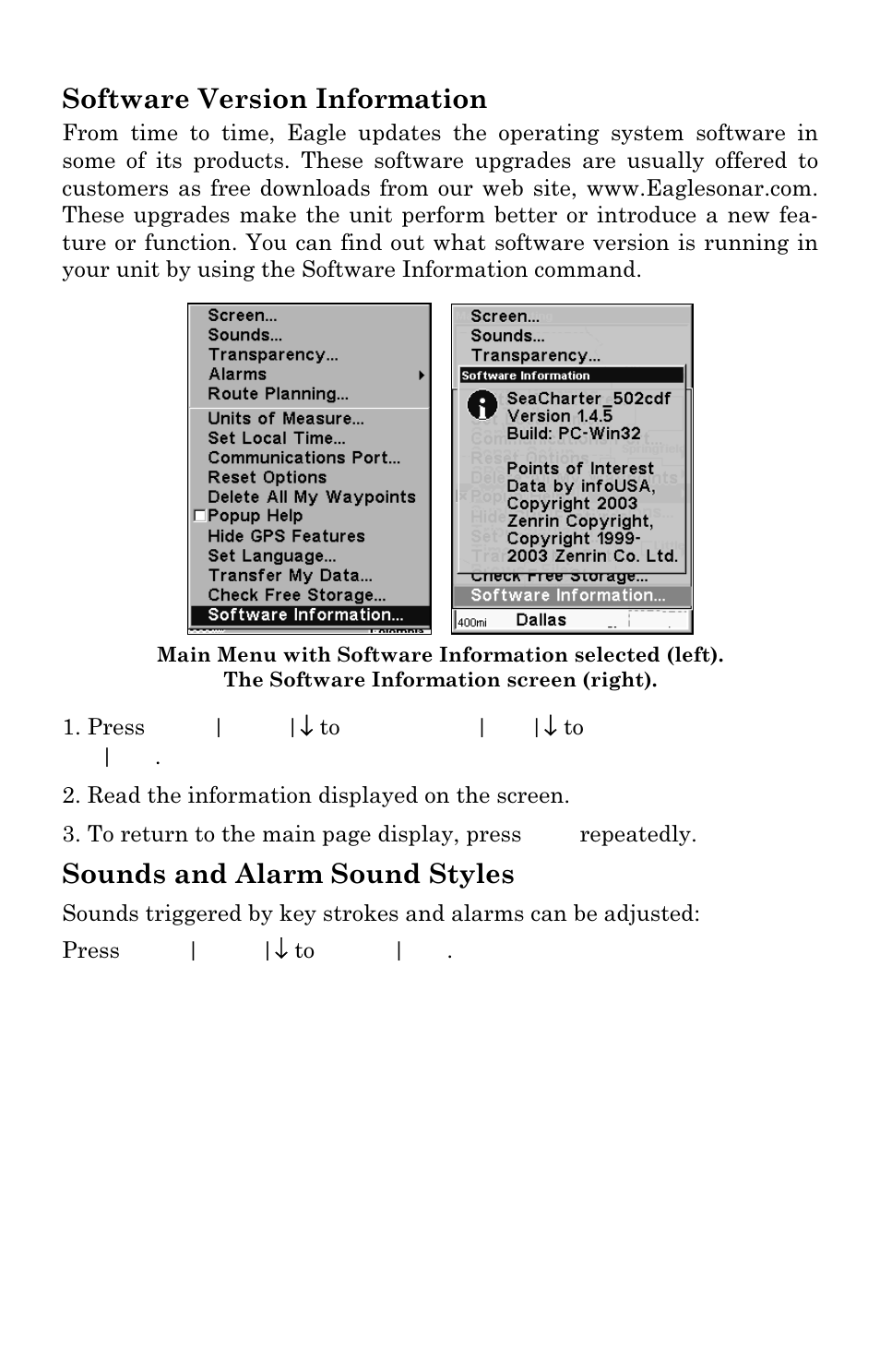 Software version information, Sounds and alarm sound styles | Eagle Electronics SeaCharter 502cDF User Manual | Page 163 / 196