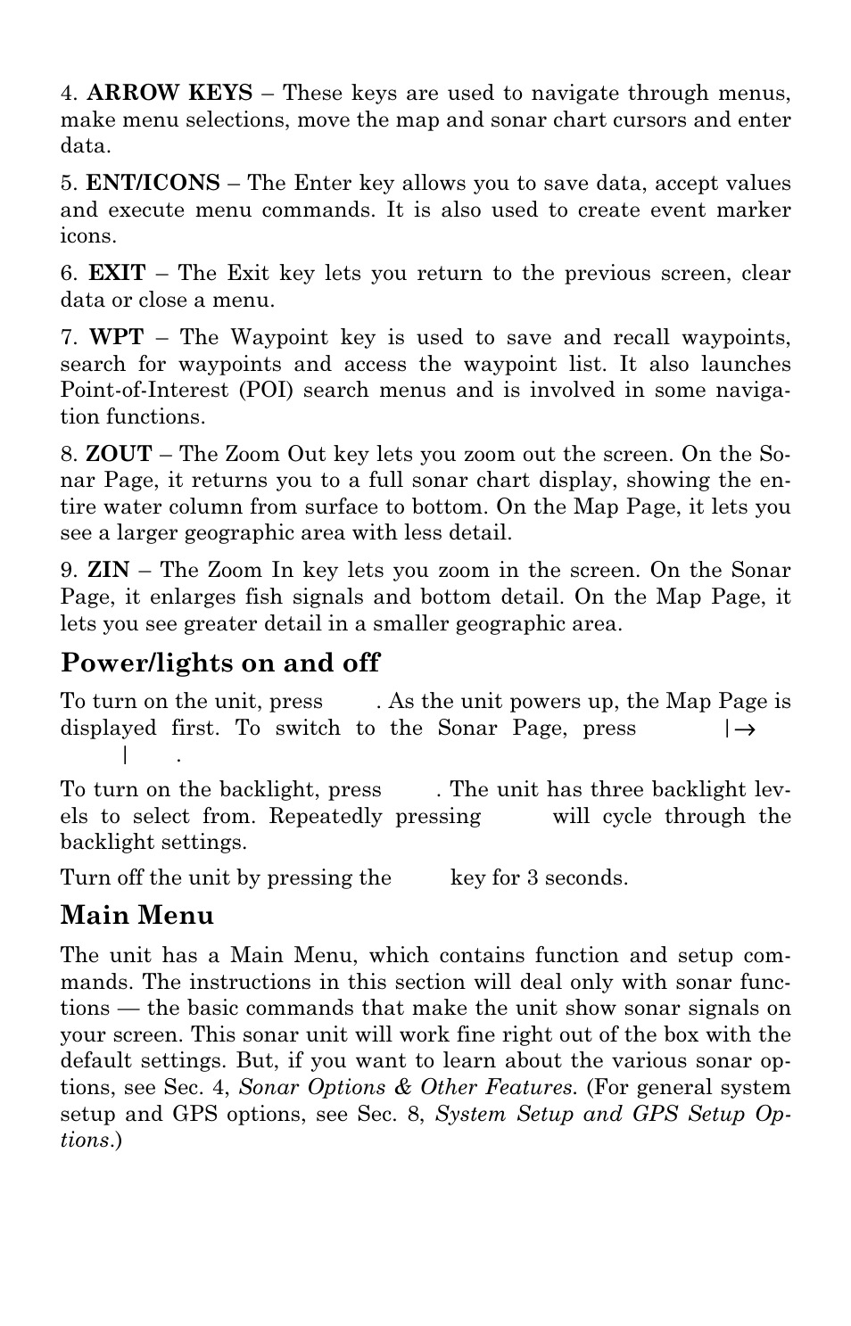 Power/lights on and off, Main menu | Eagle Electronics SeaCharter 502cDF User Manual | Page 48 / 196