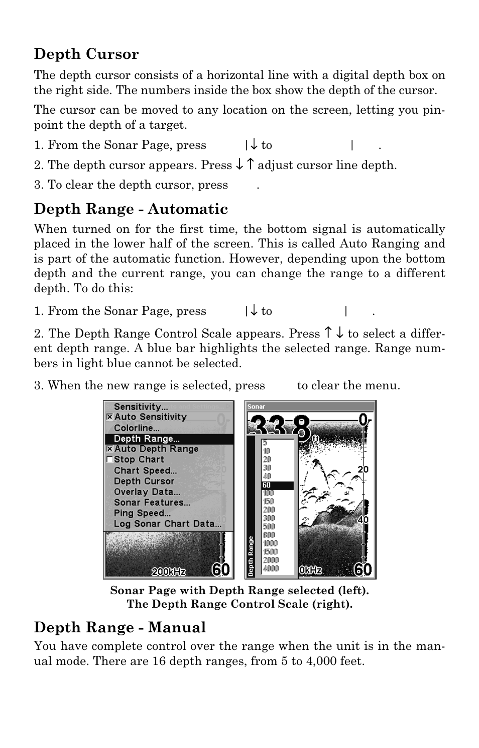 Depth cursor, Depth range - automatic, Depth range - manual | Eagle Electronics SeaCharter 502cDF User Manual | Page 67 / 196