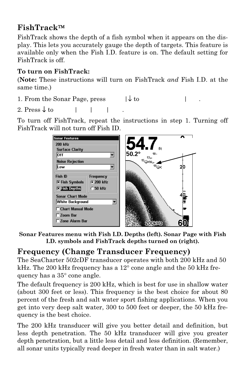 Fishtrack, Frequency (change transducer frequency) | Eagle Electronics SeaCharter 502cDF User Manual | Page 70 / 196