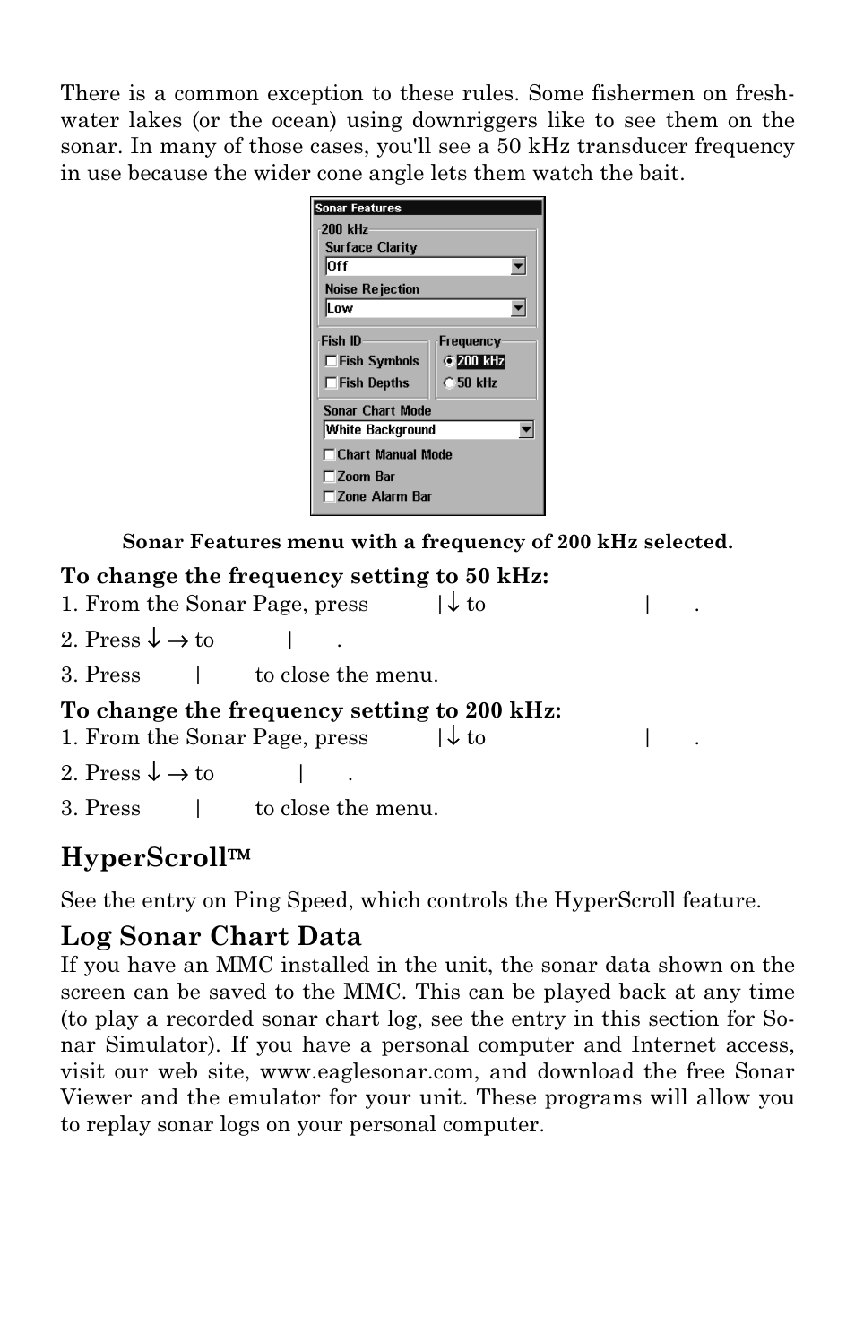 Hyperscroll, Log sonar chart data | Eagle Electronics SeaCharter 502cDF User Manual | Page 71 / 196