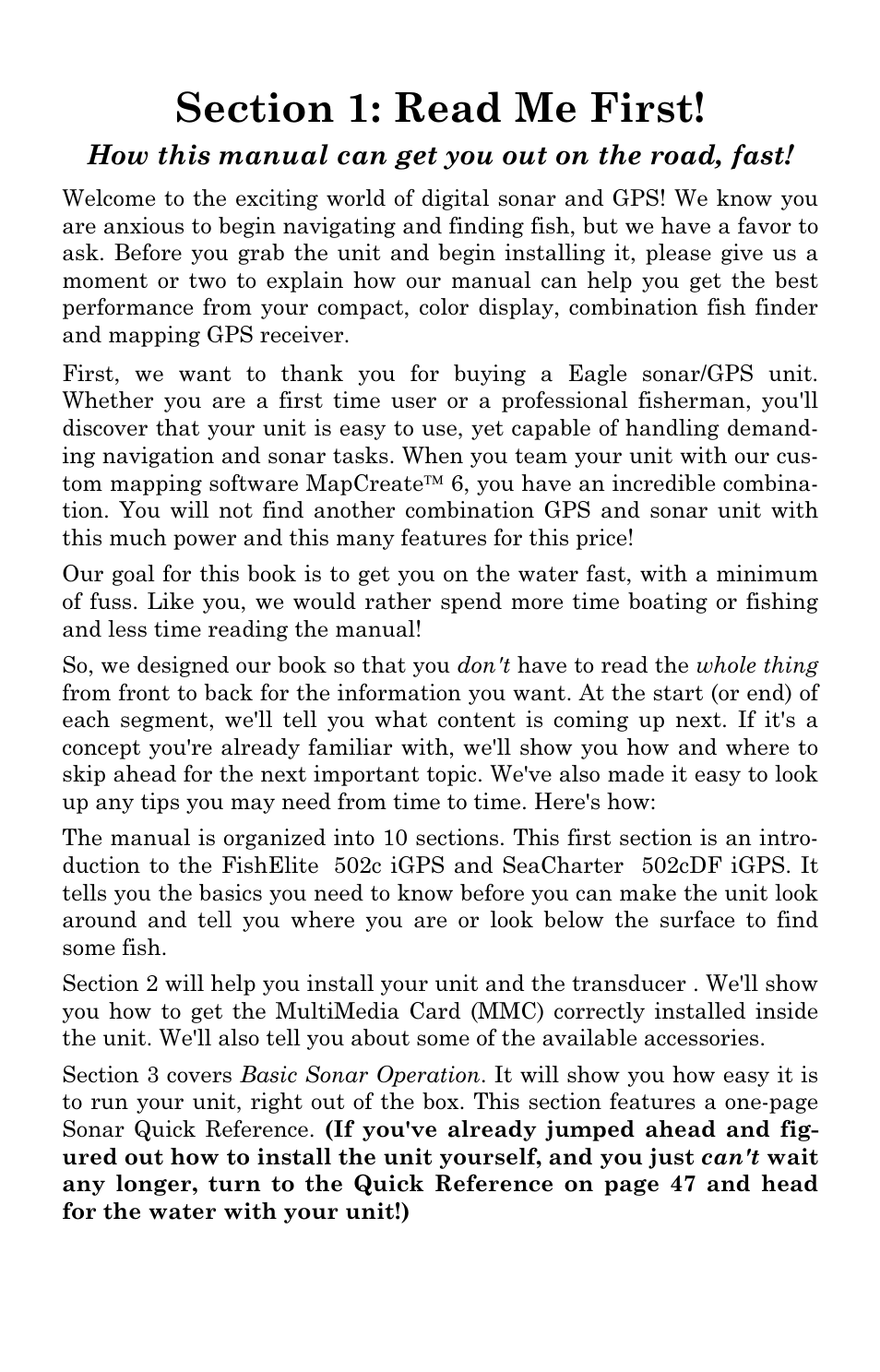 How this manual can get you out on the road, fast | Eagle Electronics SeaCharter 502cDF User Manual | Page 9 / 196