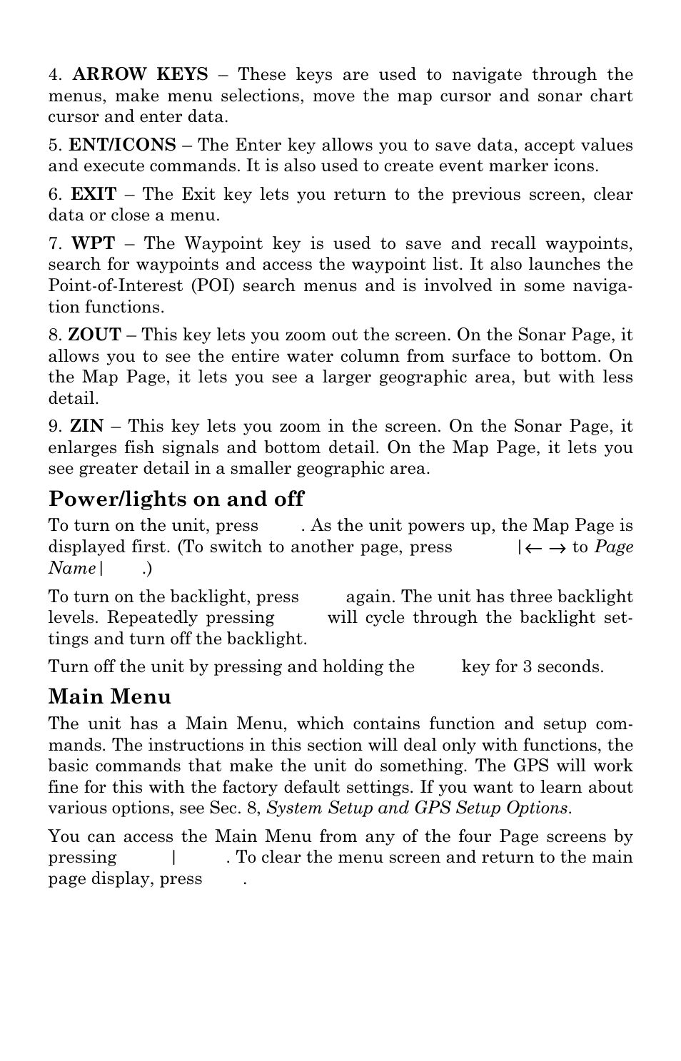 Power/lights on and off, Main menu | Eagle Electronics SeaCharter 502cDF User Manual | Page 94 / 196