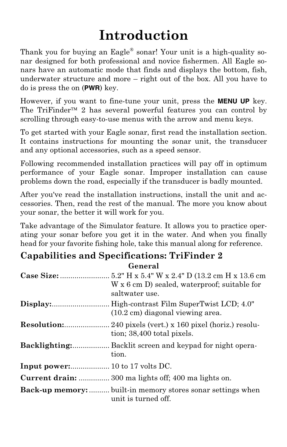 Introduction, Capabilities and specifications: trifinder 2 | Eagle Electronics TRIFINDER 2 User Manual | Page 5 / 56
