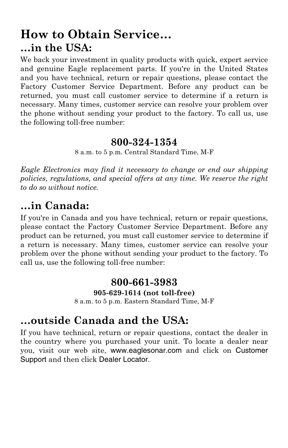 How to obtain service, Outside canada and the usa | Eagle Electronics TRIFINDER 2 User Manual | Page 54 / 56