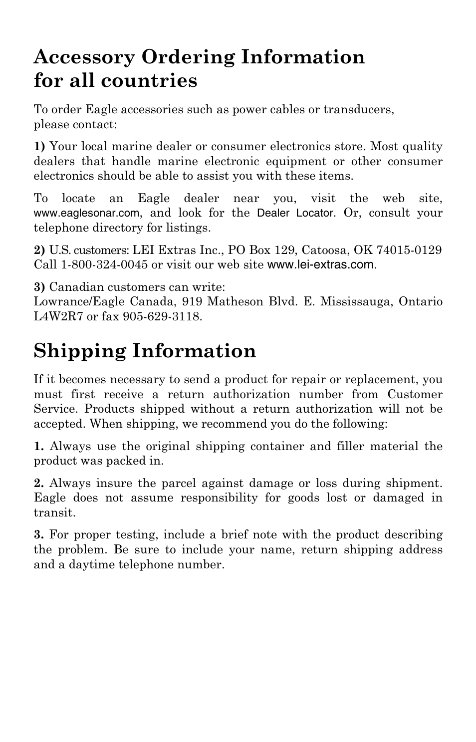 Accessory ordering information for all countries, Shipping information | Eagle Electronics TRIFINDER 2 User Manual | Page 55 / 56