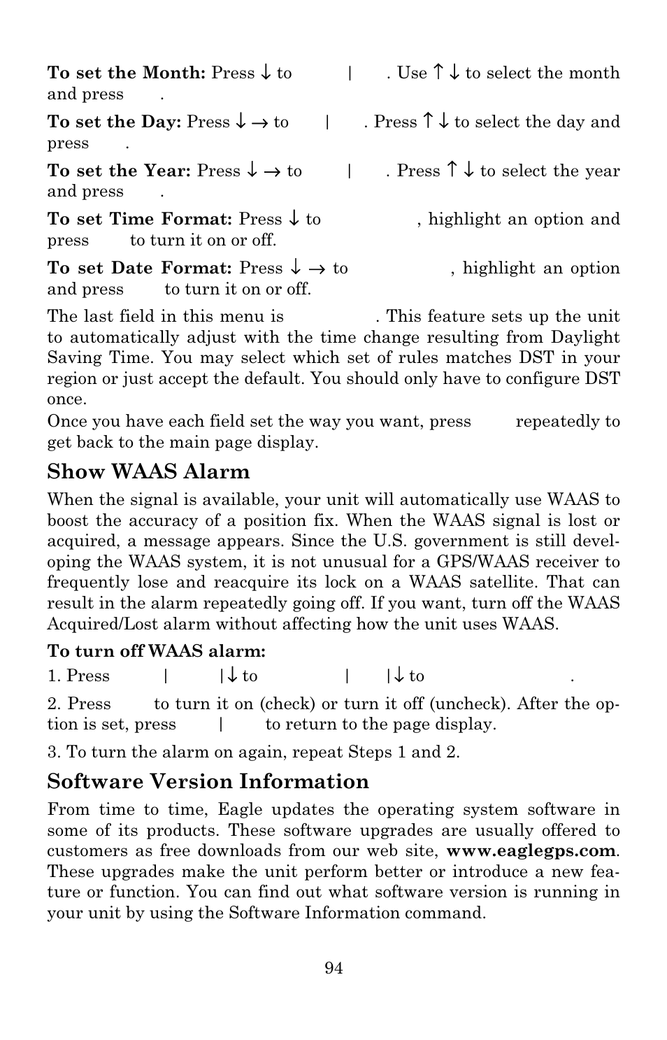 Show waas alarm, Software version information | Eagle Electronics IntelliMap 640C User Manual | Page 100 / 136