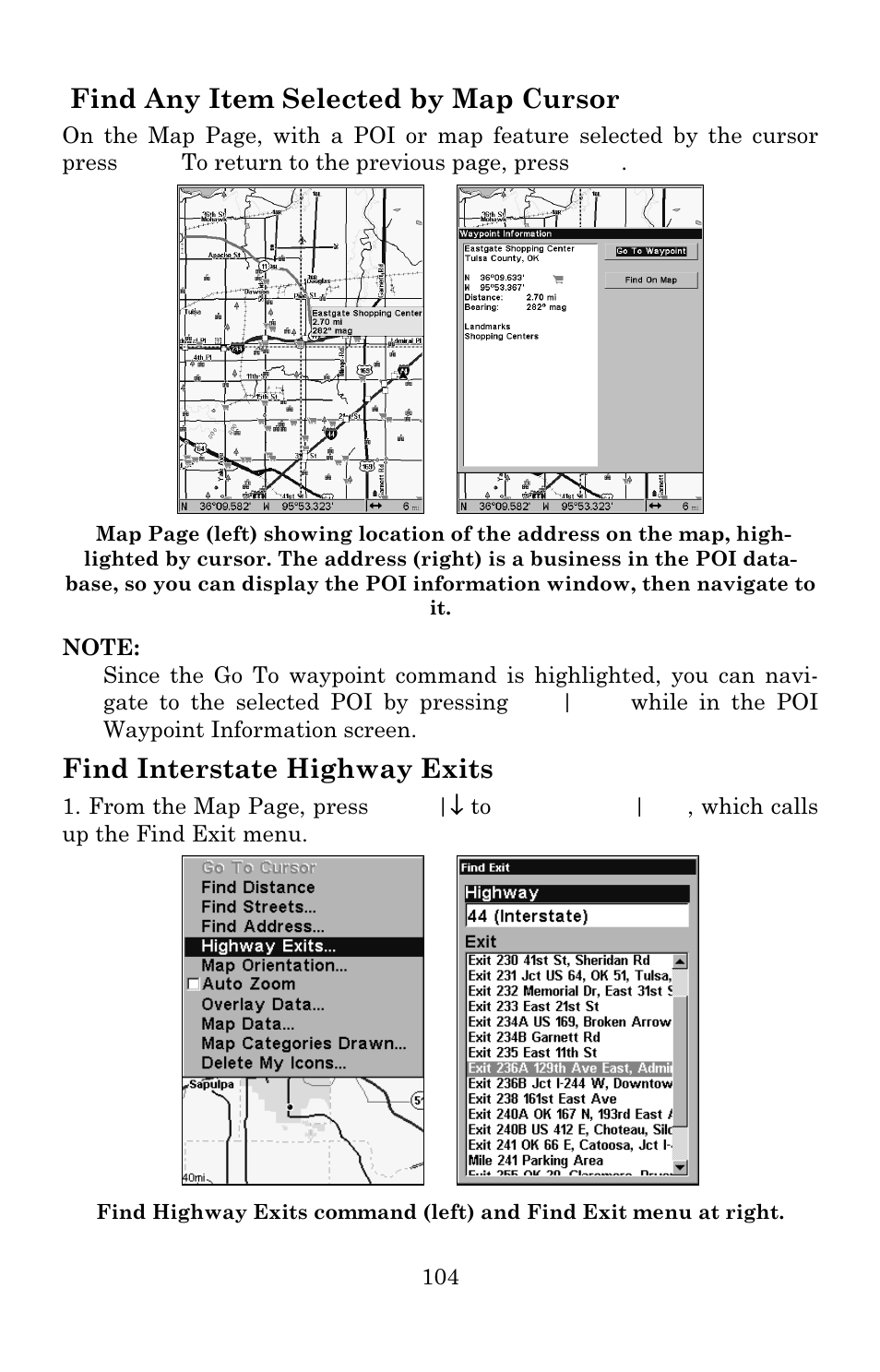 Find any item selected by map cursor, Find interstate highway exits | Eagle Electronics IntelliMap 640C User Manual | Page 110 / 136