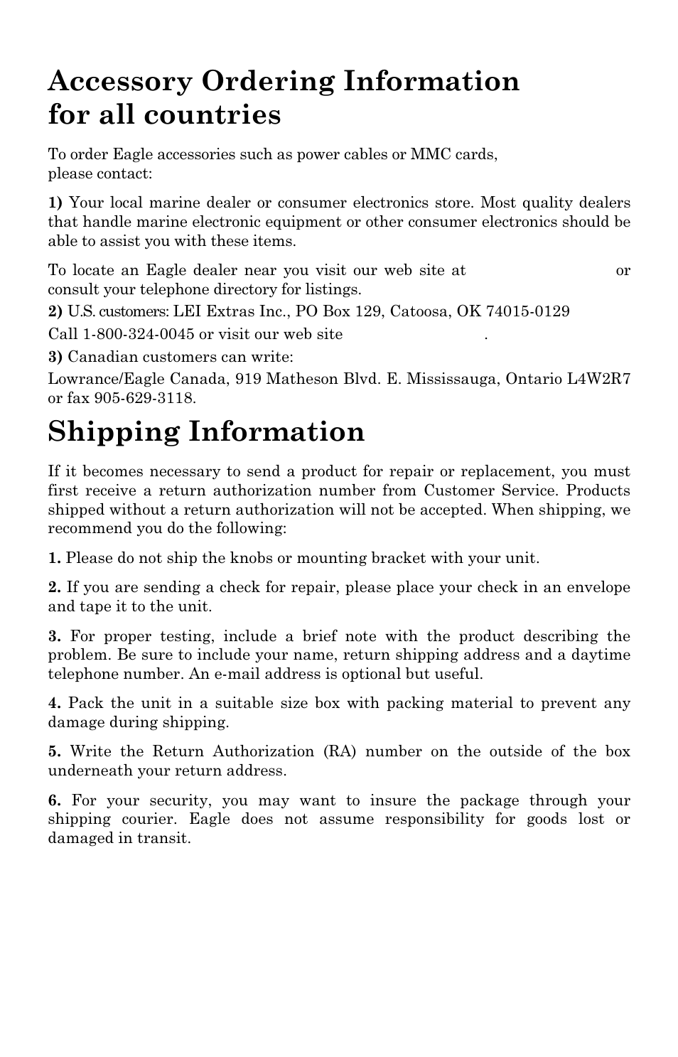 Accessory ordering information for all countries, Shipping information | Eagle Electronics IntelliMap 640C User Manual | Page 135 / 136