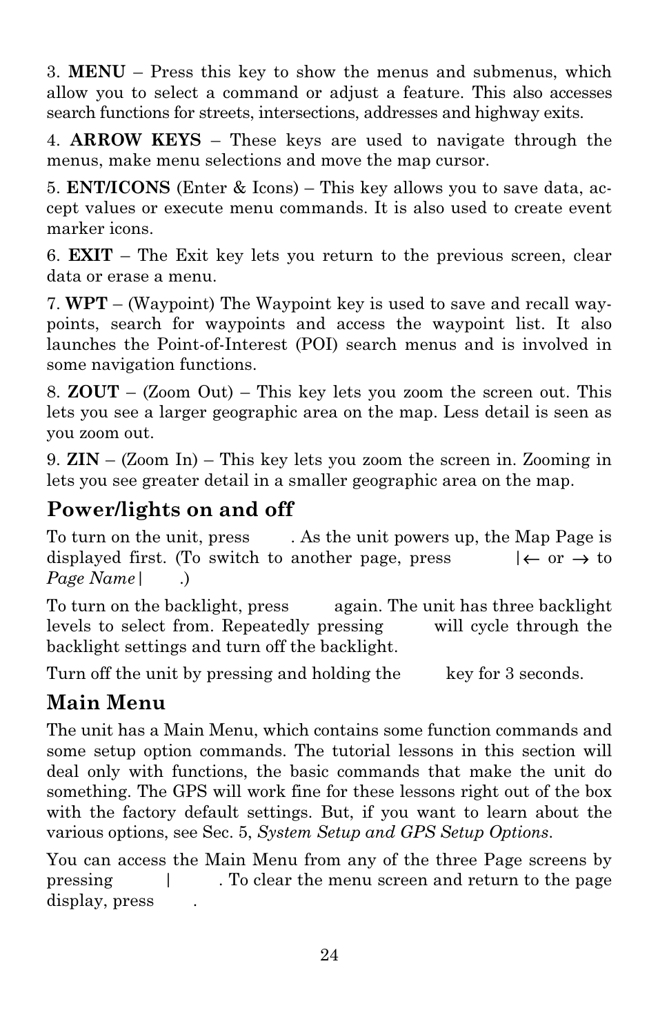 Power/lights on and off, Main menu | Eagle Electronics IntelliMap 640C User Manual | Page 30 / 136