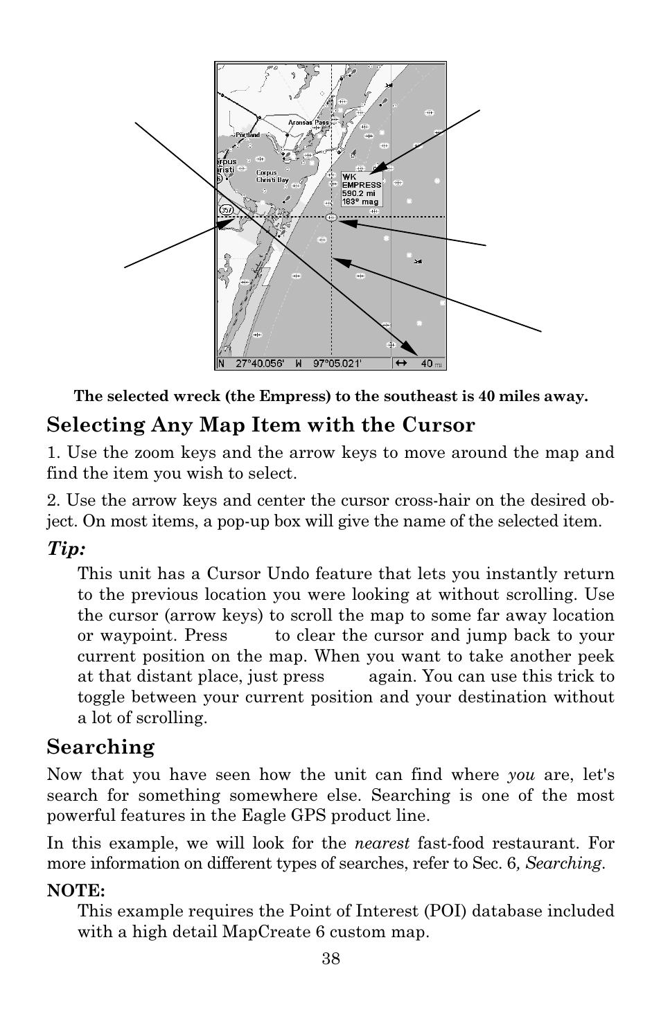 Selecting any map item with the cursor, Searching | Eagle Electronics IntelliMap 640C User Manual | Page 44 / 136