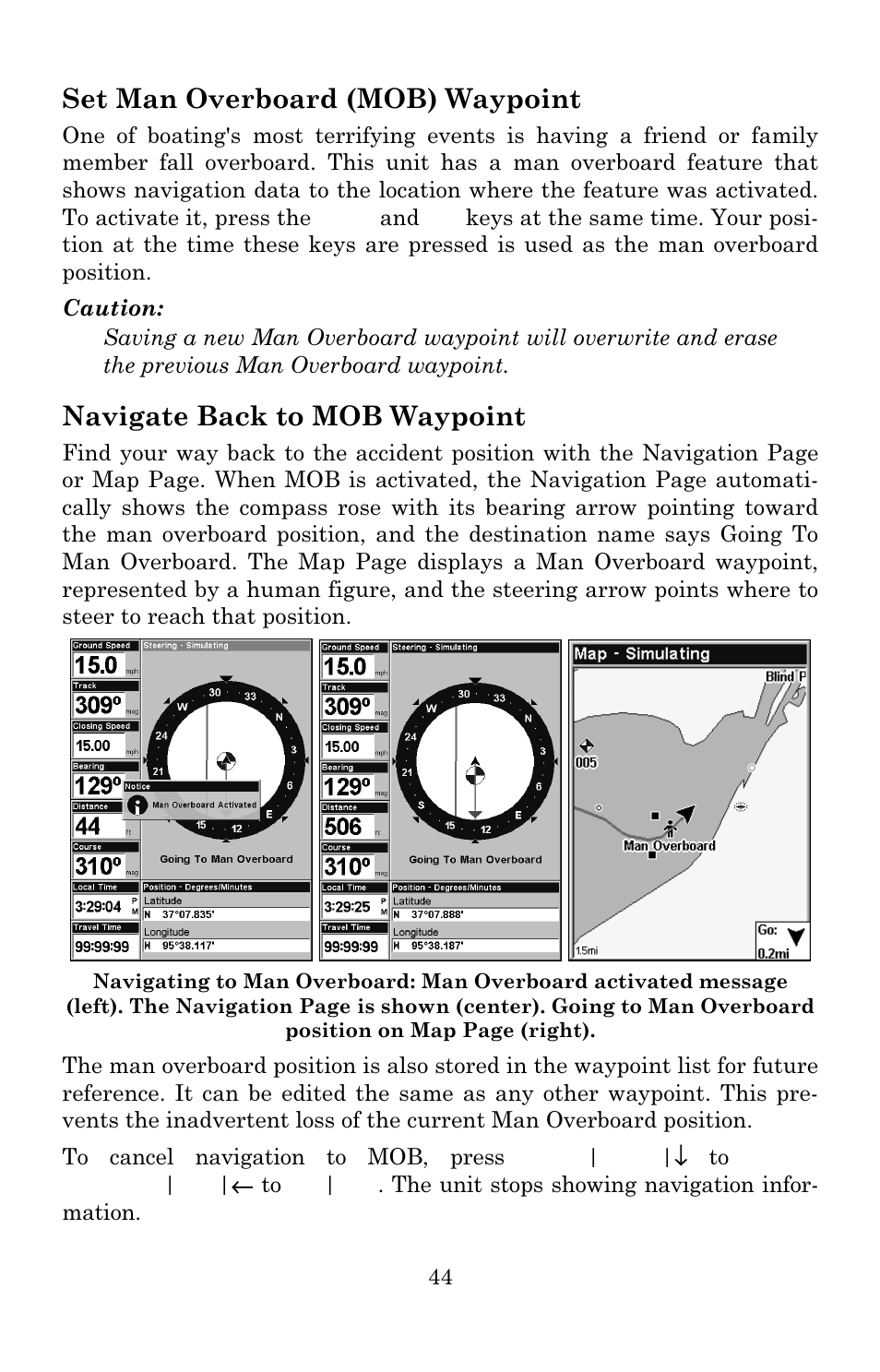 Set man overboard (mob) waypoint, Navigate back to mob waypoint | Eagle Electronics IntelliMap 640C User Manual | Page 50 / 136