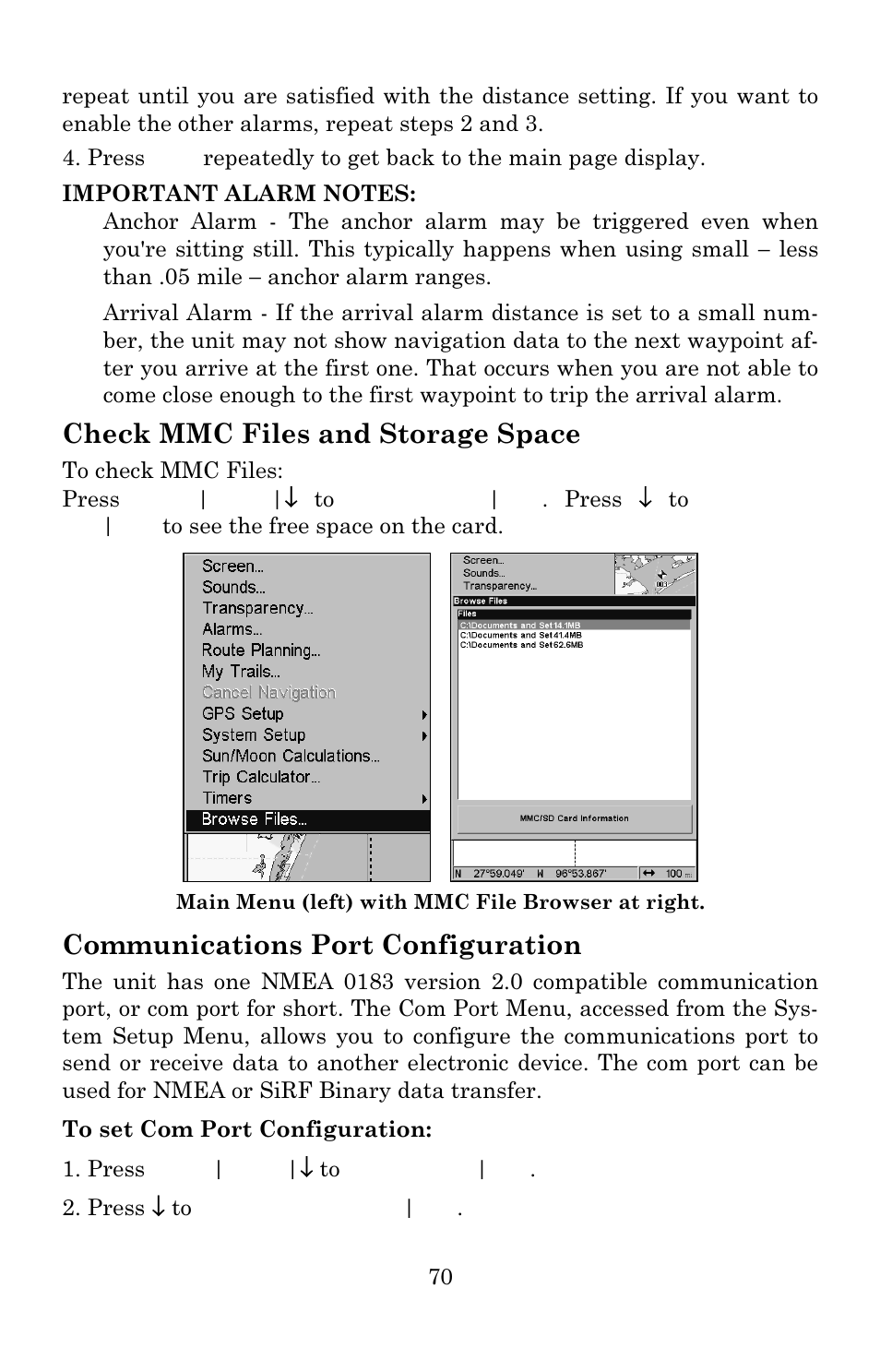 Check mmc files and storage space, Communications port configuration | Eagle Electronics IntelliMap 640C User Manual | Page 76 / 136