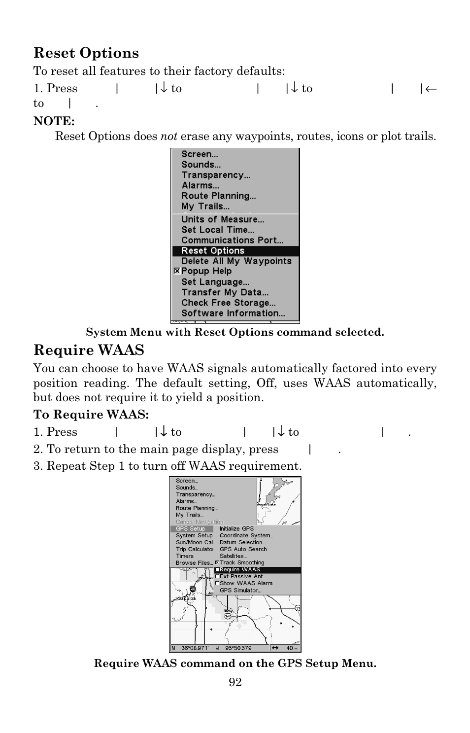 Reset options, Require waas | Eagle Electronics IntelliMap 640C User Manual | Page 98 / 136