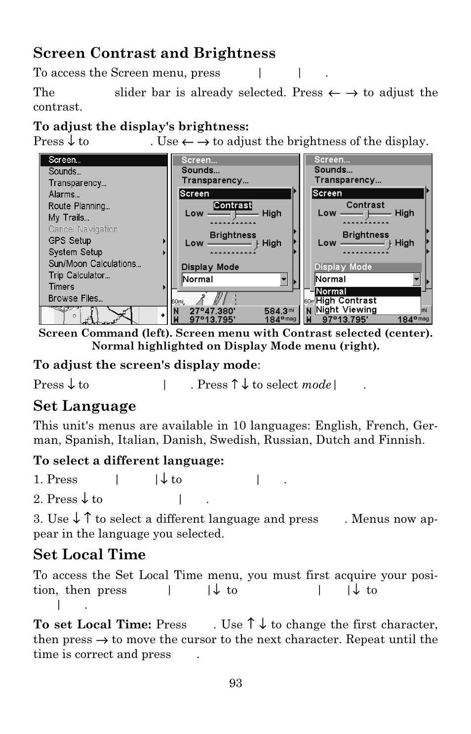 Screen contrast and brightness, Set language, Set local time | Eagle Electronics IntelliMap 640C User Manual | Page 99 / 136