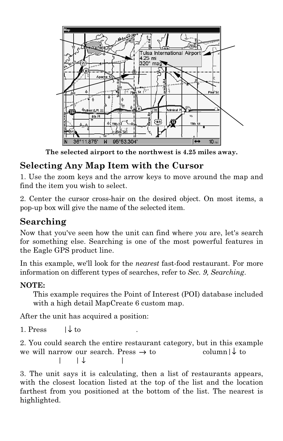 Selecting any map item with the cursor, Searching | Eagle Electronics SeaChamp 2000 User Manual | Page 110 / 200