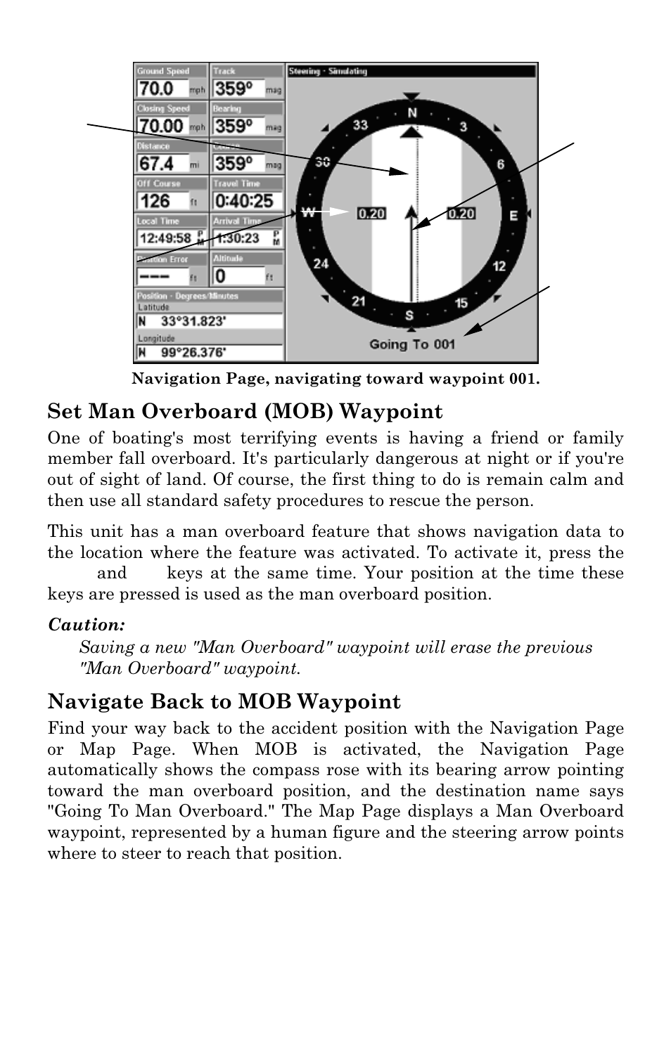 Set man overboard (mob) waypoint, Navigate back to mob waypoint | Eagle Electronics SeaChamp 2000 User Manual | Page 115 / 200