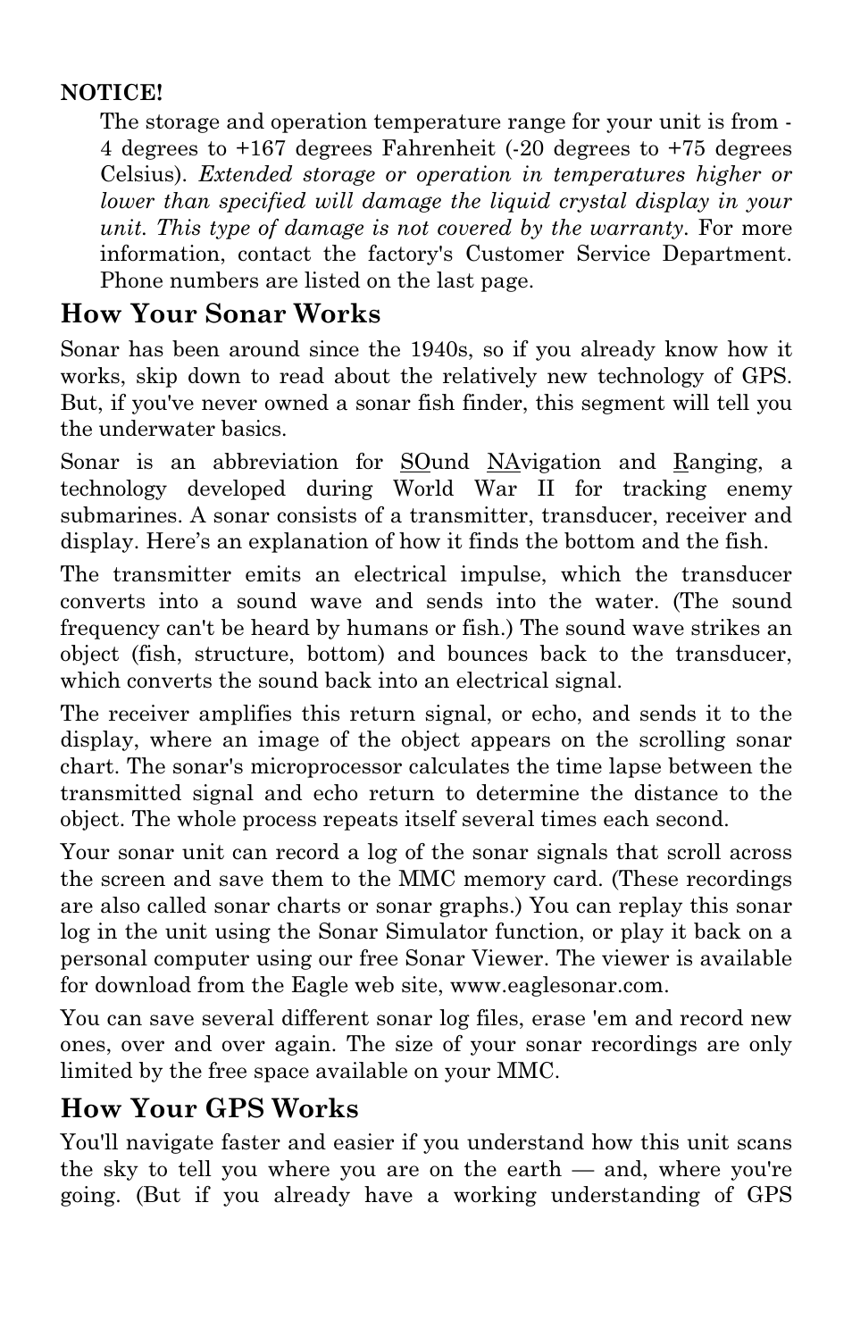 How your sonar works, How your gps works | Eagle Electronics SeaChamp 2000 User Manual | Page 13 / 200