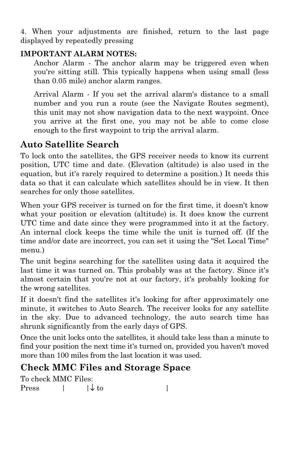 Auto satellite search, Check mmc files and storage space | Eagle Electronics SeaChamp 2000 User Manual | Page 138 / 200